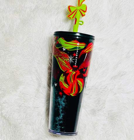 Iridescent Holiday Ornaments Cold Cup Tumbler With Ribbon Straw Topper, Starbucks, Venti Size
